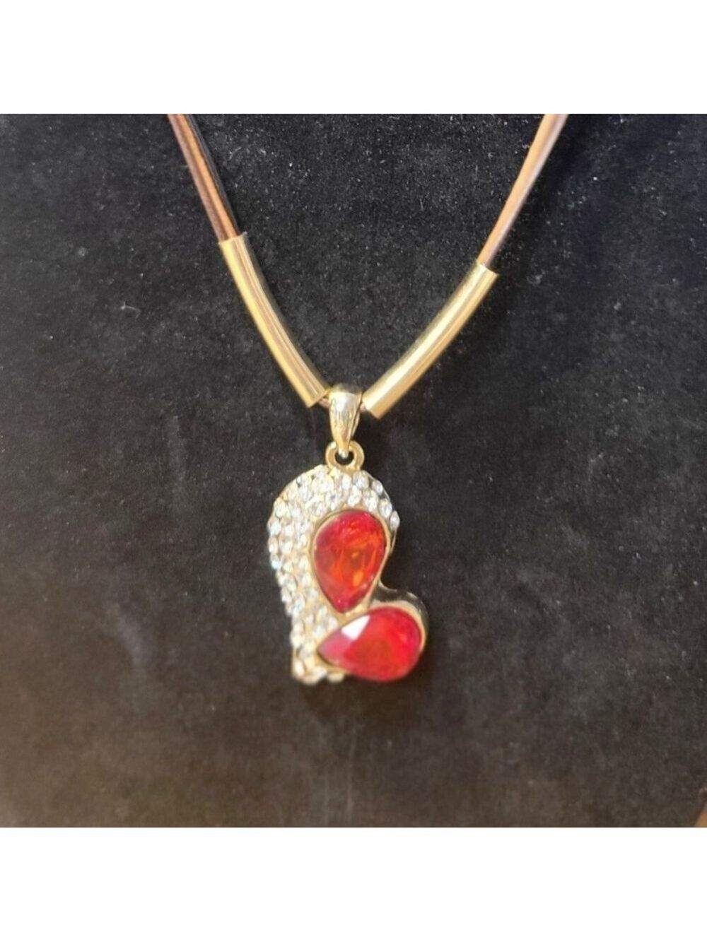 Ruby Red White Rhinestone Heart Necklace NWT